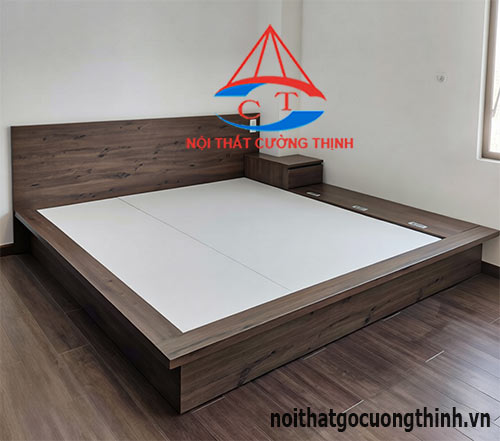Mẫu giường Nhật gỗ công nghiệp xám đen có ngăn và hộc kéo đẹp