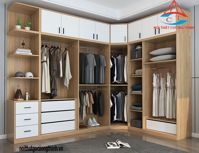 Thiết kế tủ quần áo góc hình L bằng gỗ tiện dụng cho phòng ngủ 