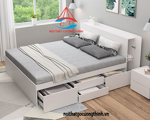 Mẫu giường gỗ thông minh màu trắng hiện đại