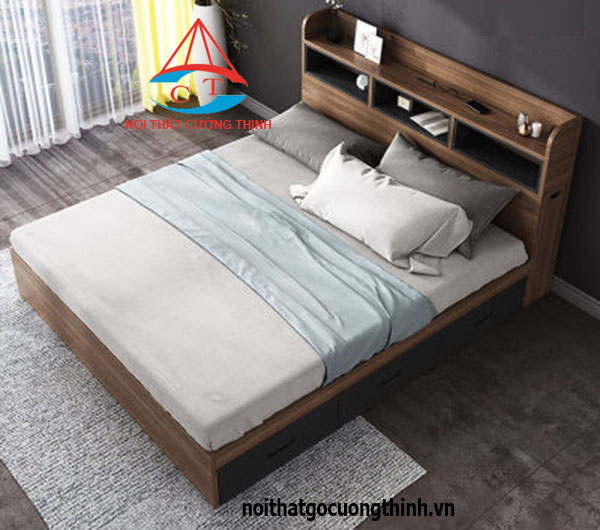 Mẫu giường 1m6 gỗ công nghiệp có ngăn kéo màu be xám