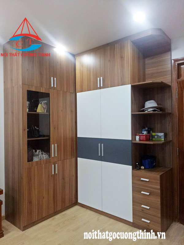 Mẫu tủ quần áo góc chữ L kết hợp 3 màu gỗ đẹp hiện đại