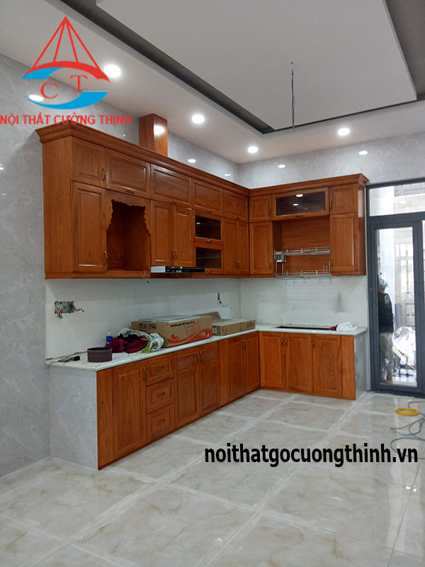 Tủ bếp chữ L gỗ Gõ đỏ đẹp