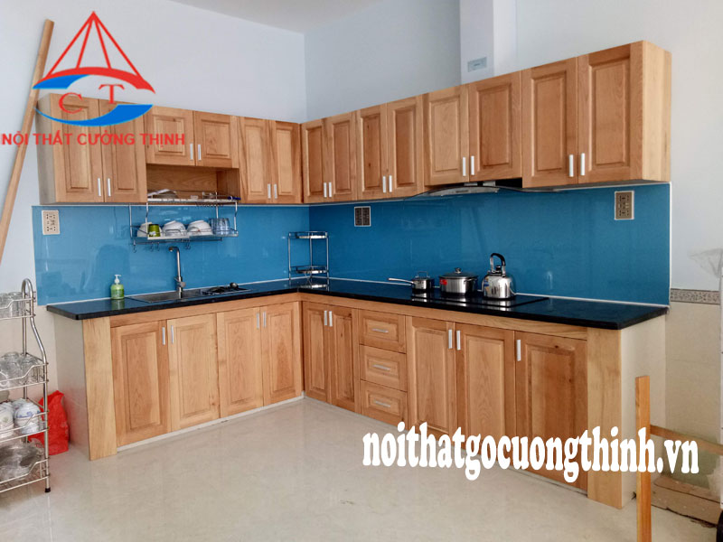 Tủ bếp treo tường chữ L gỗ Sồi