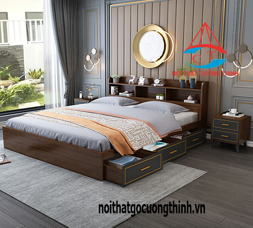 Giường ngủ đẹp có ngăn kéo màu xám viền vàng 