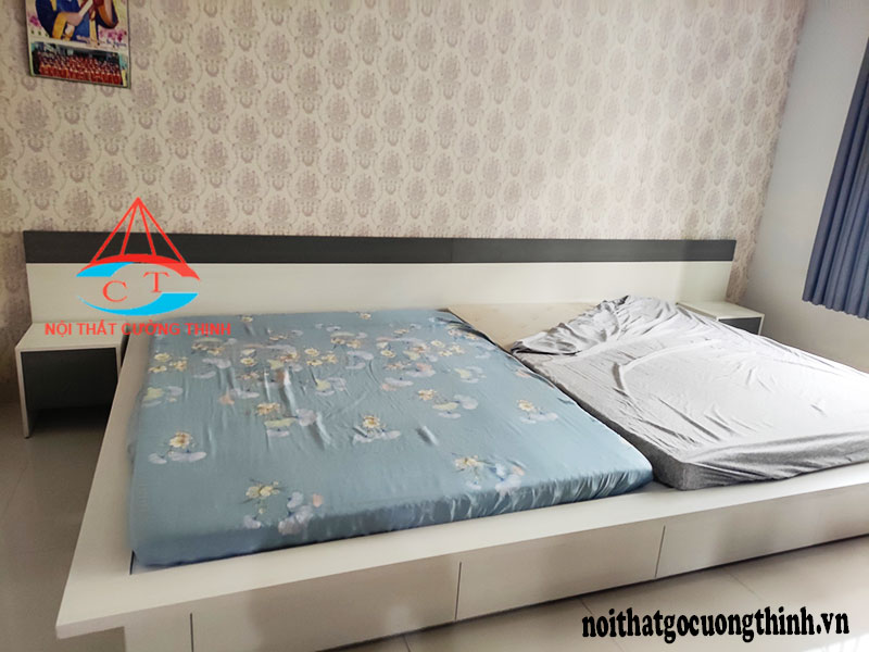 Giường gỗ công nghiệp có hộc kéo cho 2 bé