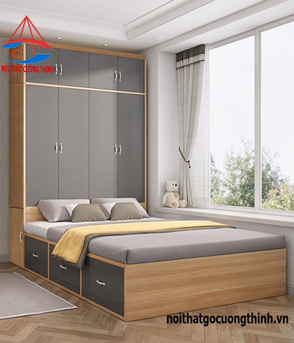 Mẫu giường hộc kéo liền tủ quần áo kịch trần đẹp
