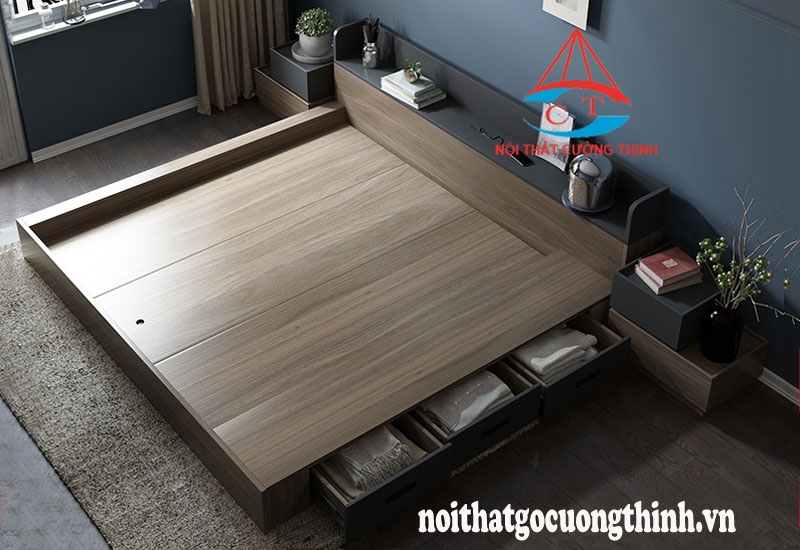 Mẫu giường ngủ kiểu Nhật có ngăn kéo gỗ công nghiệp HDF tinh tế