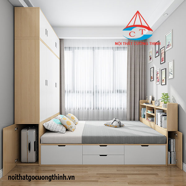 Giường ngăn kéo kết hợp tủ đựng quần áo thông minh gỗ HDF