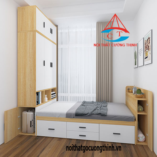 Mẫu giường gỗ công nghiệp thông minh có ngăn kéo liền tủ quần áo hiện đại