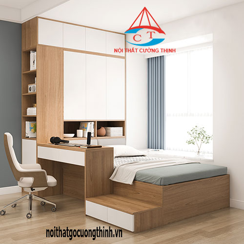 Tủ quần áo gỗ HDF kịch trần kết hợp với bàn làm việc và giường ngủ tiện dụng