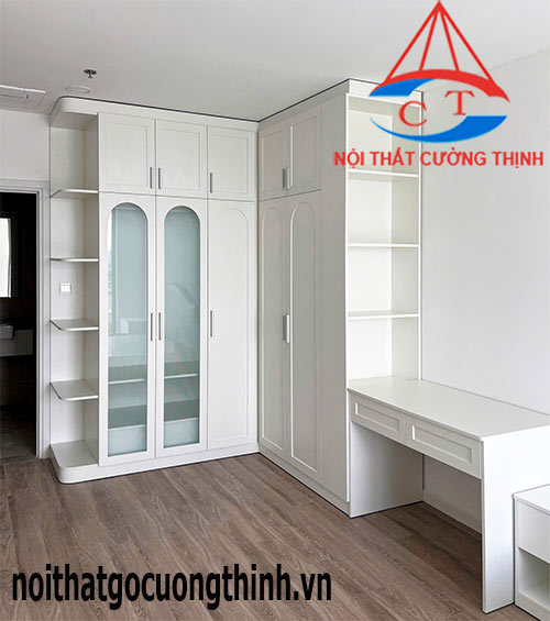 Mẫu tủ áo kết hợp bàn làm việc kiểu L hiện đại