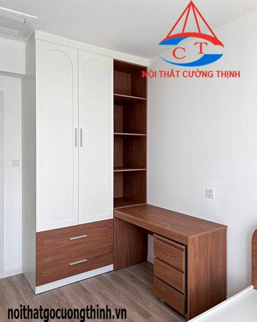 Tủ áo kết hợp bàn làm việc góc tường nâu-trắng