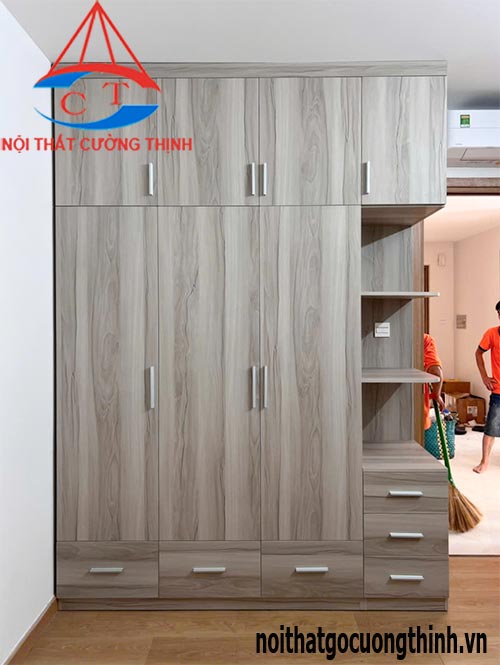 Mẫu tủ đồ áo xám vân gỗ cao đến trần đóng theo yêu cầu