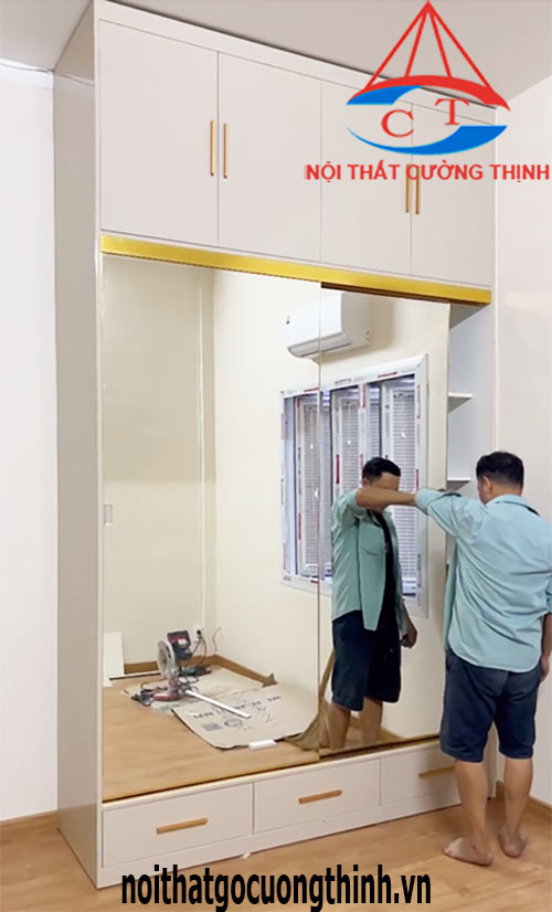 Mẫu tủ quần áo gỗ cj7a3 lùa cánh có gương đẹp hiện đại đóng theo yêu cầu