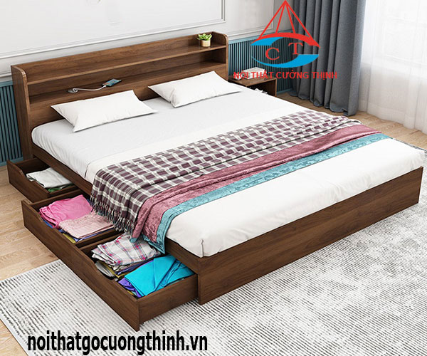 Kiểu giường ngủ có ngăn kéo dạng hộp kèm kệ đầu giường
