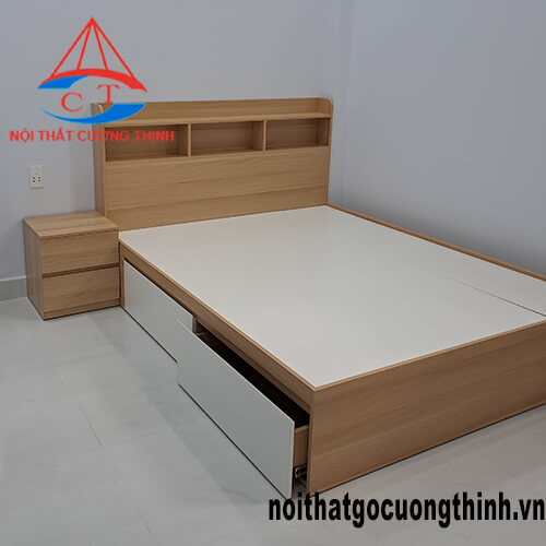Mẫu giường hộp gỗ công nghiệp tiện dụng gam màu đẹp 