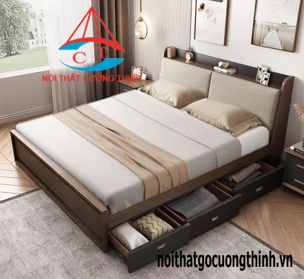 Mẫu giường ngủ 1m6-1m8 bằng gỗ có ngăn tủ kéo đẹp và hiện đại