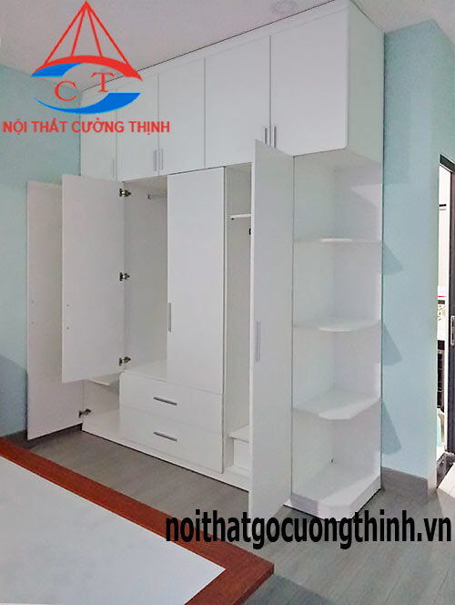 Mẫu tủ quần áo gỗ MDF lõi xanh phủ Melamine màu trắng cao sát trần tiện ích lưu trữ