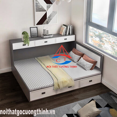 Mẫu giường có ngăn kéo kết hợp kệ để đồ tiện ích cho phòng ngủ nhỏ