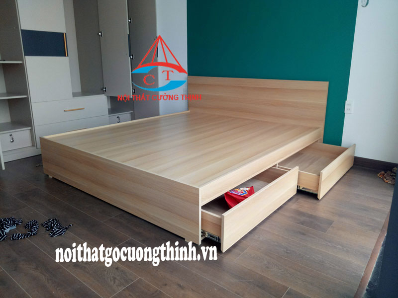 Mẫu giường ngủ có 2 ngăn kéo hiện đại bằng gỗ MDF chống ẩm