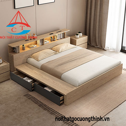 Mẫu giường ngủ 1m8 bằng gỗ hiện đại có ngăn kéo đẹp 