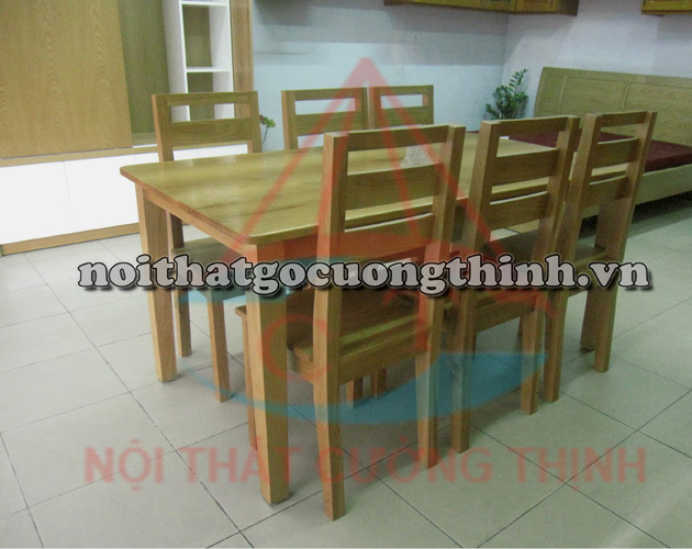 Bộ bàn ăn gỗ sồi tự nhiên 6 ghế đẹp , bàn ăn kích thước 1m8, 6 ghế thẳng hơi cong ở chân sau.