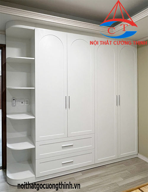 Mẫu tủ quần áo gỗ MDF màu trắng 4 cánh có kệ trang trí đẹp hiện đại