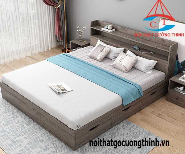 Mẫu giường ngủ dạng hộp có ngăn kéo vân gỗ màu xám ghi đẹp