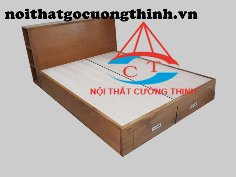 Giường ngủ gỗ Sồi 1m6 có 2 ngăn ở kéo đuôi giường, đầu giường thẳng có ô trang trí, lắp đặt tại Quận 9