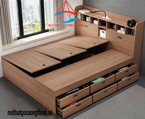 Mẫu giường ngủ gỗ công nghiệp HDF thông minh có ngăn kéo