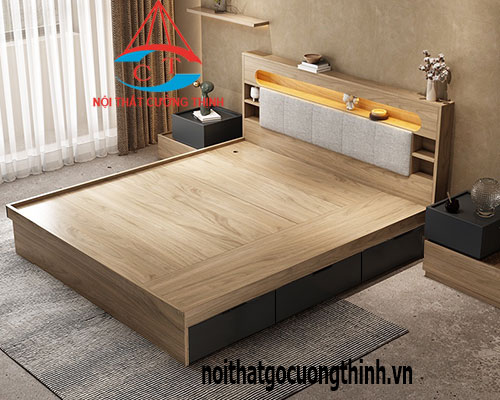 Mẫu giường ngủ đẹp hiện đại có ngăn kéo màu xám vân gỗ