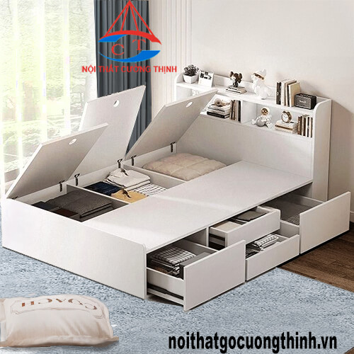 Mẫu giường ngủ màu trắng 1m6 có nhiều ngăn chứa đồ đẹp hiện đại