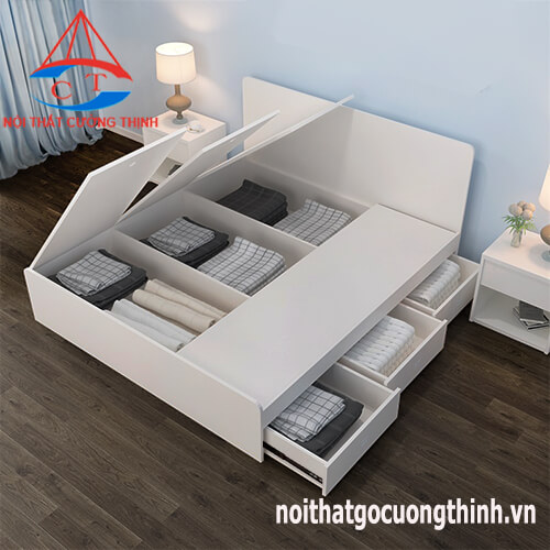 Mẫu giường ngủ thông minh có ngăn kéo 1m6 màu trắng tiện ích