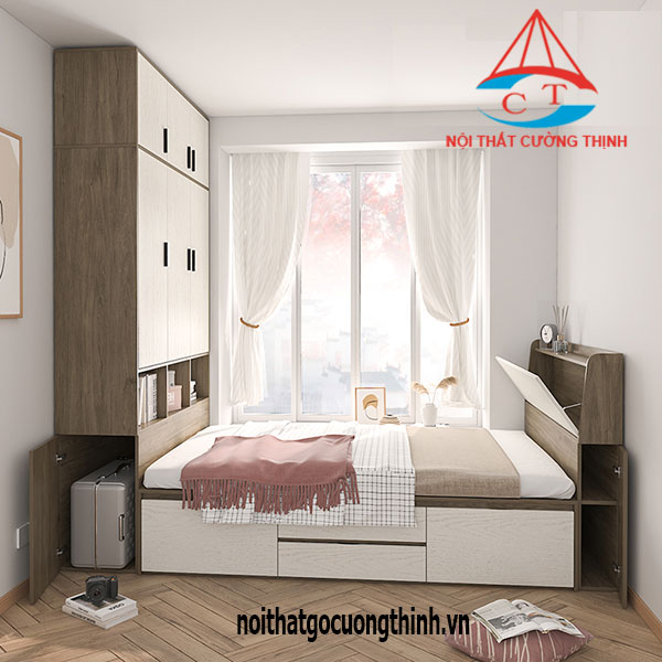 Giường ngủ có ngăn kéo và tủ quần áo kết hợp thông minh gỗ công nghiệp vân xám trắng
