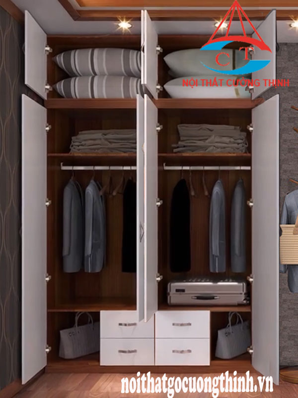Đóng tủ quần áo gỗ công nghiệp MDF Melamine sát trần, 4 cánh màu trắng và 4 ngăn kéo ngoài hiện đại đẹp