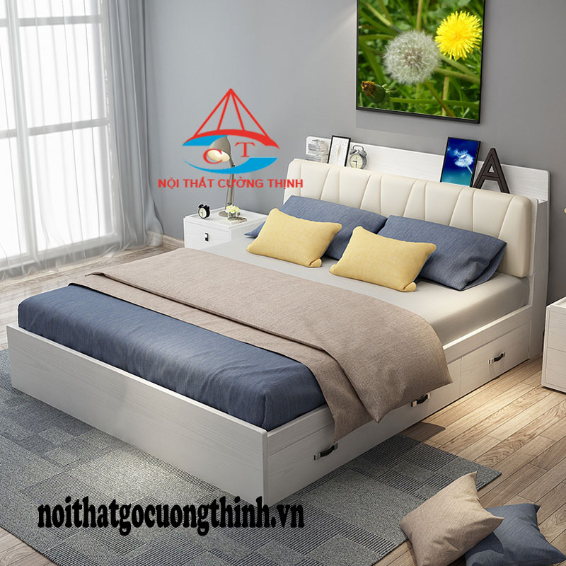 Giường ngủ 1m8 3 ngăn kéo màu trắng đẹp hiện đại bằng gỗ công nghiệp