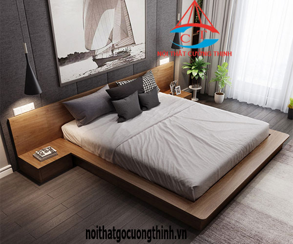 Mẫu giường ngủ bệt 1m8 kiểu Nhật đẹp hiện đại nâu vân gỗ