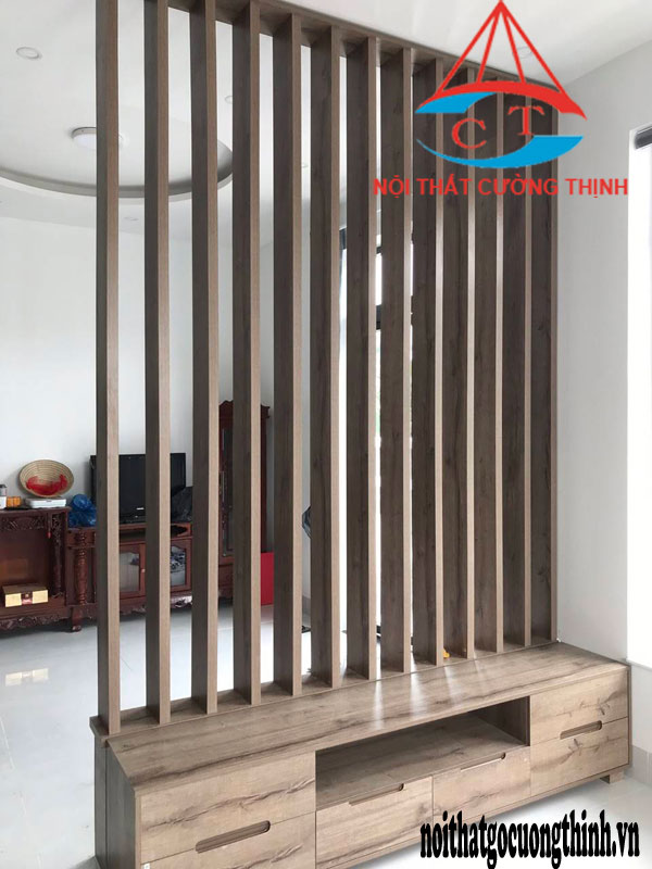 Kệ tivi gỗ công nghiệp đẹp kết hợp vách ngăn gồm 13 lam trang trí cho phòng khách tại Quận Thủ Đức