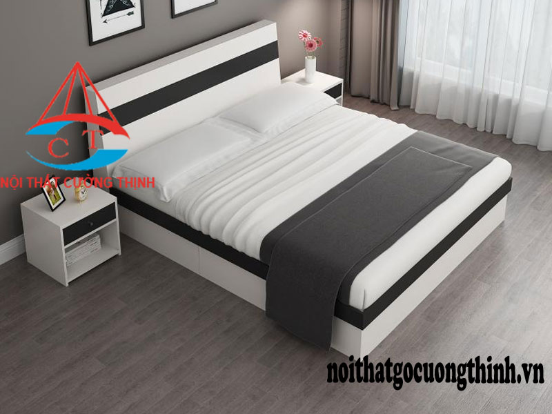 Mẫu giường ngủ 1m6 có ngăn kéo gỗ công nghiệp MDF đẹp màu trắng sọc viền đen