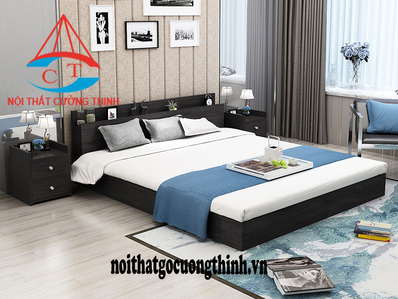 Mẫu giường ngủ gỗ công nghiệp MDF Melamine 1m6 màu đen cao cấp