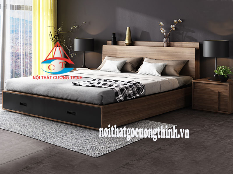 Mẫu giường ngủ gỗ công nghiệp có 2 ngăn kéo ở dưới màu xám đẹp hiện đại