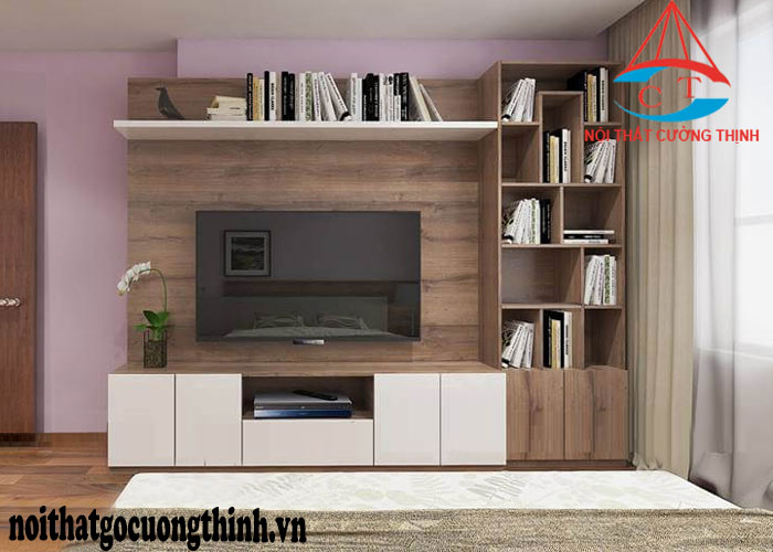 Mẫu kệ tivi đẹp hiện đại kèm tủ sách bằng gỗ cho phòng khách hoặc phòng ngủ