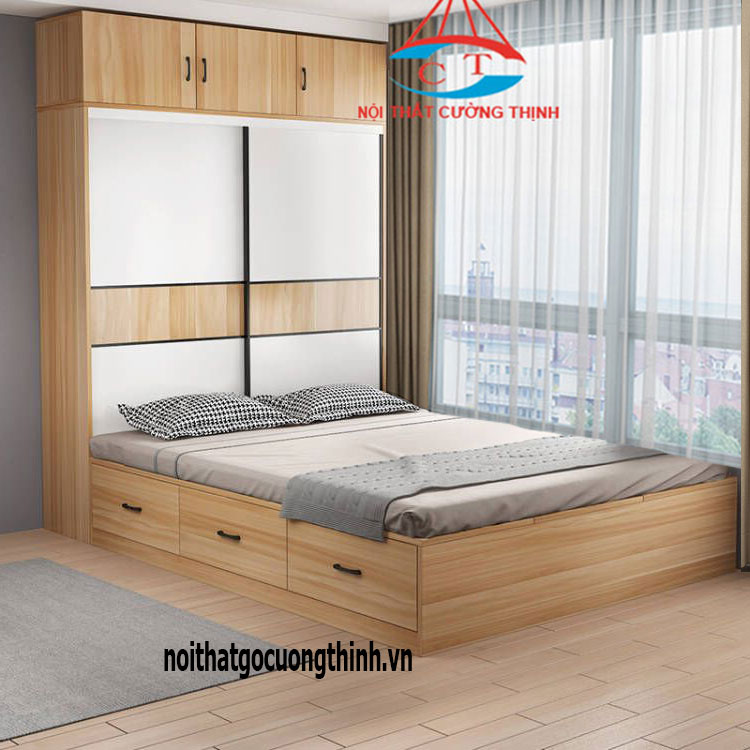 Tủ đựng quần áo kịch trần kết hợp giường ngủ có ngăn kéo đẹp gỗ hdf