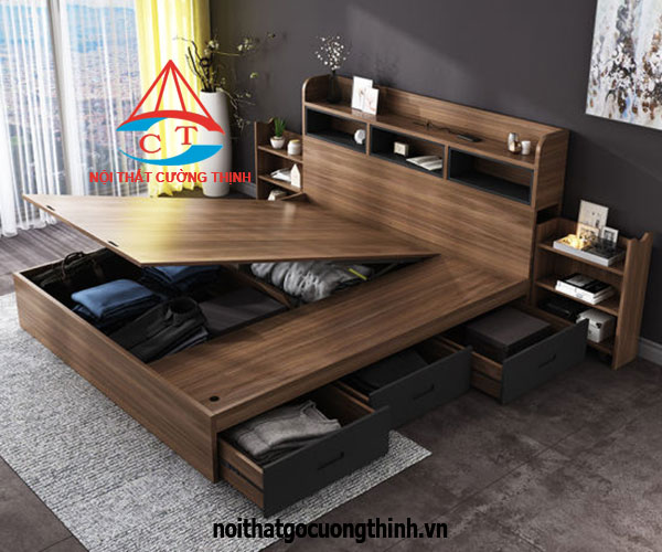 Giường ngủ thông minh có 3 ngăn kéo gỗ công nghiệp nâu xám