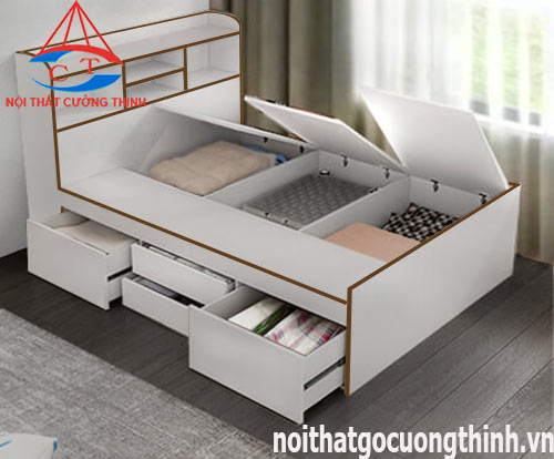 Mẫu giường ngủ 4 ngăn kéo thông minh màu trắng đẹp