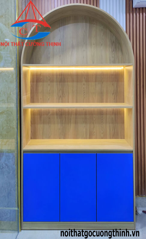 Mẫu tủ trưng bày gỗ Melamine xanh vàng sồi có đèn đẹp