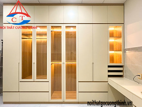 Tủ quần áo gỗ cánh kính kết hợp bàn làm việc đẹp thông minh